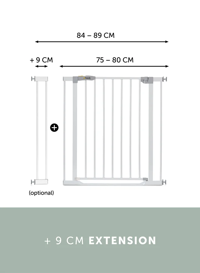 hauck Safety Gate For Doors And Stairs Clear Step, Pressure Fit, 75 - 80 Cm Large, Thin Step Over Bar, No Drilling Needed, Extendable With Separate Extensions Metal - White