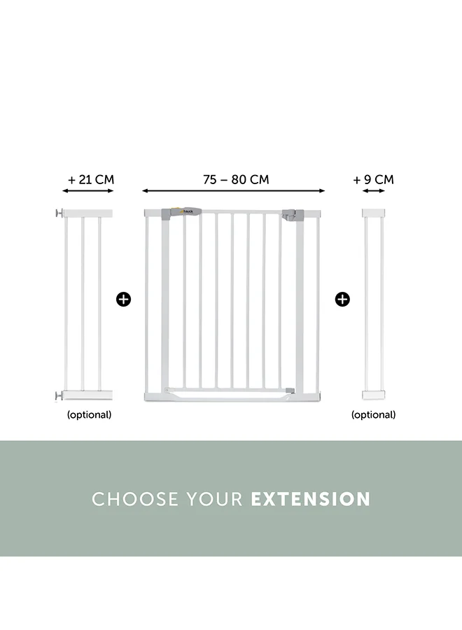 hauck Safety Gate For Doors And Stairs Clear Step, Pressure Fit, 75 - 80 Cm Large, Thin Step Over Bar, No Drilling Needed, Extendable With Separate Extensions Metal - White