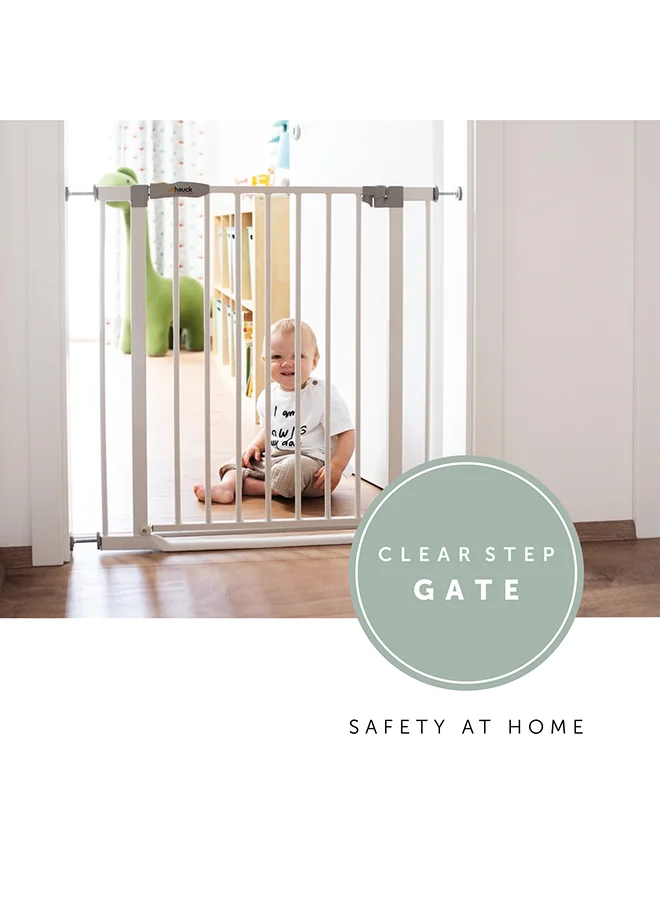 hauck Safety Gate For Doors And Stairs Clear Step, Pressure Fit, 75 - 80 Cm Large, Thin Step Over Bar, No Drilling Needed, Extendable With Separate Extensions Metal - White