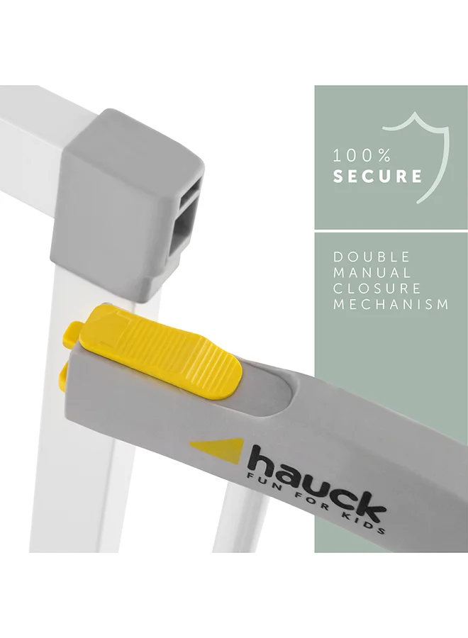 hauck Safety Gate For Doors And Stairs Clear Step, Pressure Fit, 75 - 80 Cm Large, Thin Step Over Bar, No Drilling Needed, Extendable With Separate Extensions Metal - White