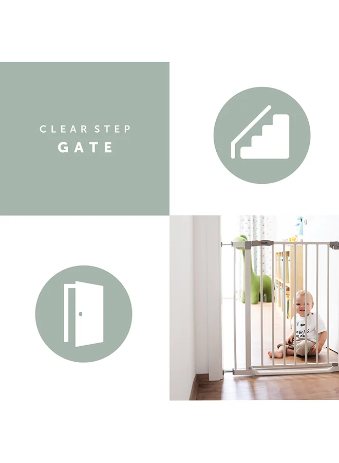 hauck Safety Gate For Doors And Stairs Clear Step, Pressure Fit, 75 - 80 Cm Large, Thin Step Over Bar, No Drilling Needed, Extendable With Separate Extensions Metal - White