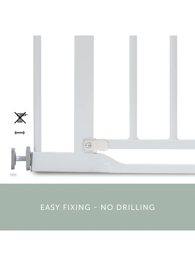 hauck Safety Gate For Doors And Stairs Clear Step, Pressure Fit, 75 - 80 Cm Large, Thin Step Over Bar, No Drilling Needed, Extendable With Separate Extensions Metal - White