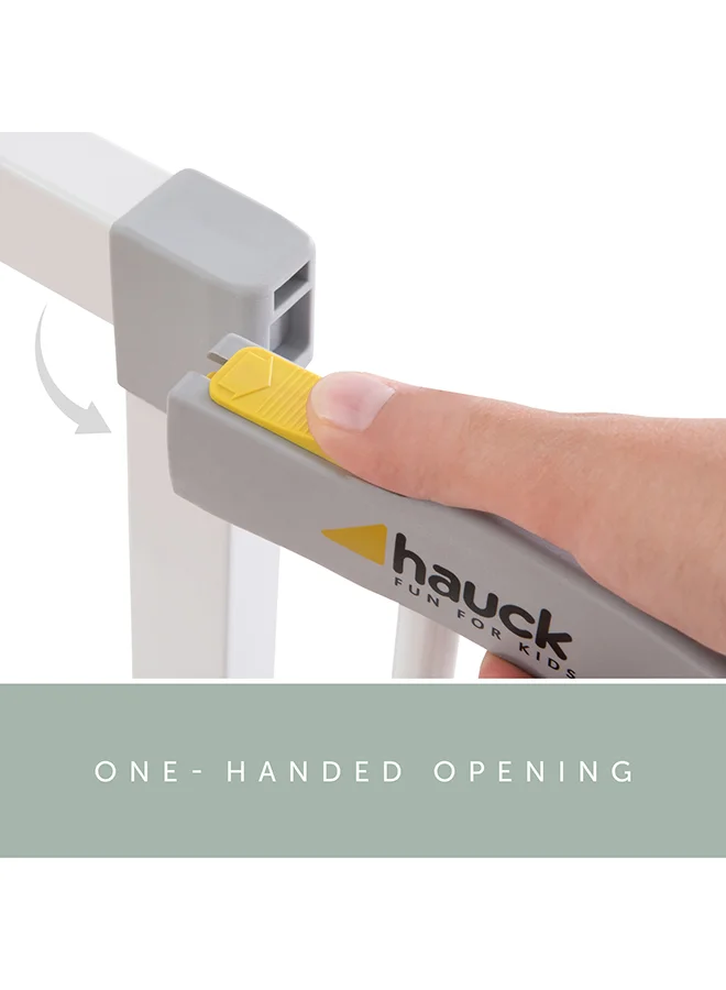 hauck Safety Gate For Doors And Stairs Clear Step, Pressure Fit, 75 - 80 Cm Large, Thin Step Over Bar, No Drilling Needed, Extendable With Separate Extensions Metal - White