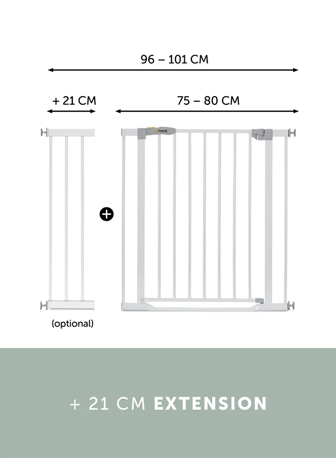 hauck Safety Gate For Doors And Stairs Clear Step, Pressure Fit, 75 - 80 Cm Large, Thin Step Over Bar, No Drilling Needed, Extendable With Separate Extensions Metal - White