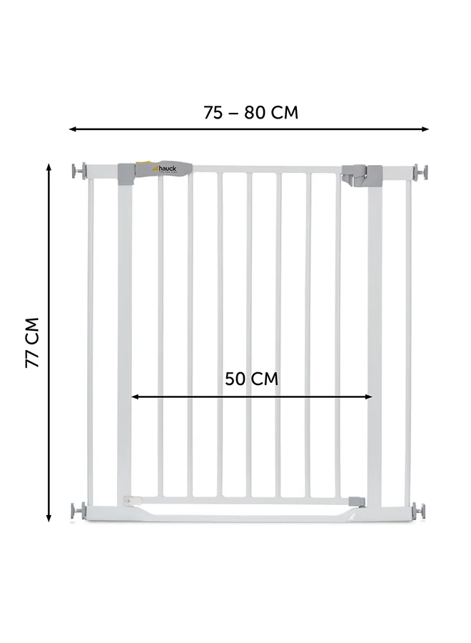 hauck Safety Gate For Doors And Stairs Clear Step, Pressure Fit, 75 - 80 Cm Large, Thin Step Over Bar, No Drilling Needed, Extendable With Separate Extensions Metal - White