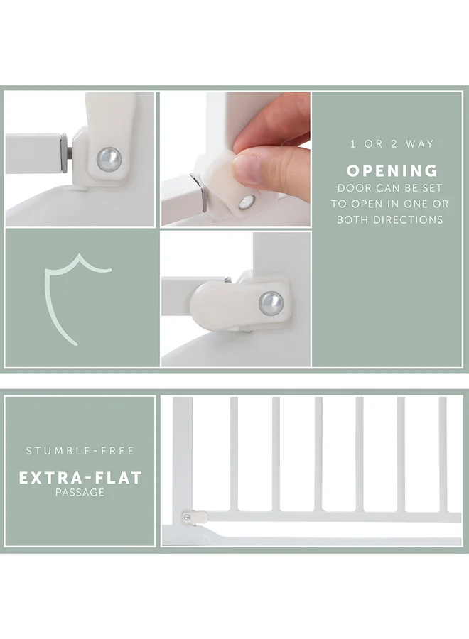 hauck Safety Gate For Doors And Stairs Clear Step, Pressure Fit, 75 - 80 Cm Large, Thin Step Over Bar, No Drilling Needed, Extendable With Separate Extensions Metal - White