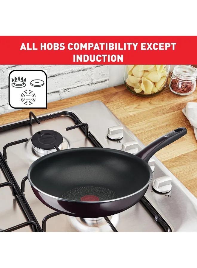 Tefal Wok Pan | Resist Intense 28 cm Non-Stick Wok Frying Pan with Thermo Spot | Flame Protect Resistant | Ideal Shape | Easy Cleaning | Safe | Bordeaux Burgundy| D5221983 Burgundy Wok Pancm