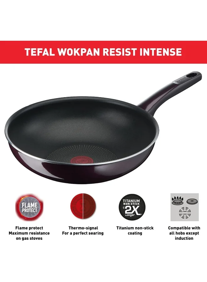 Tefal Wok Pan | Resist Intense 28 cm Non-Stick Wok Frying Pan with Thermo Spot | Flame Protect Resistant | Ideal Shape | Easy Cleaning | Safe | Bordeaux Burgundy| D5221983 Burgundy Wok Pancm