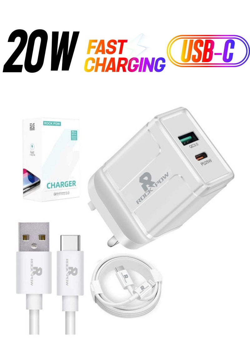 روك بو شاحن USB Type-C لهواتف آيفون 13/12/11 برو ماكس X/XR/XS/8/SE 2020/آي باد/سامسونج S20/هواوي P40/P30 أبيض  - Image 1