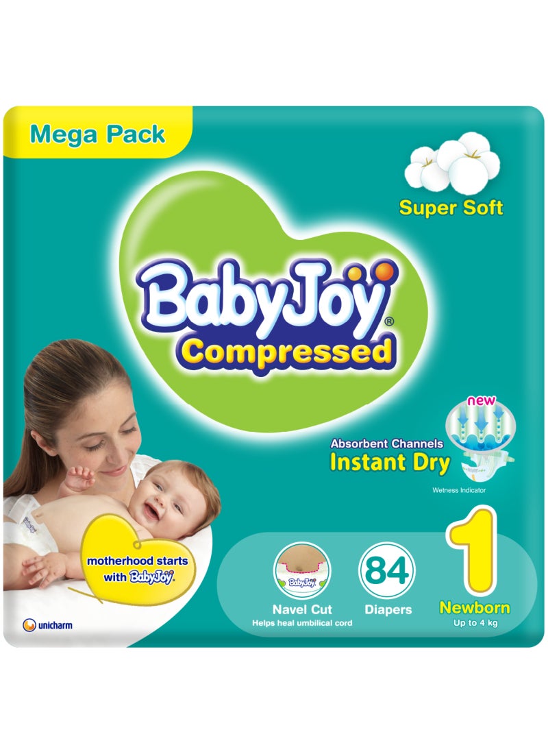 BabyJoy 2X Compressed Diamond Pad Diaper, Size 1, Newborn, 0-4 Kg, Mega Pack, 84 Diapers - Image 1