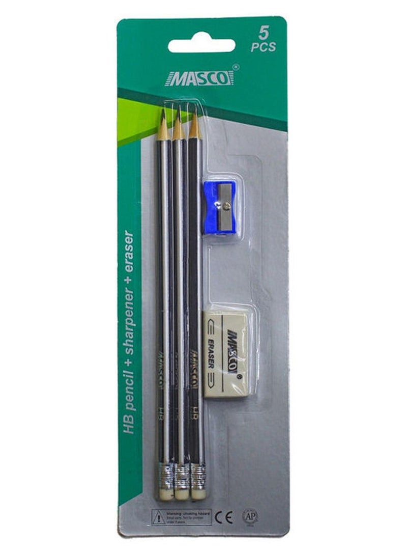 ماسكو طقم أقلام رصاص HB مع مبراة، وممحاة، مكون من 3 قطع. أسود