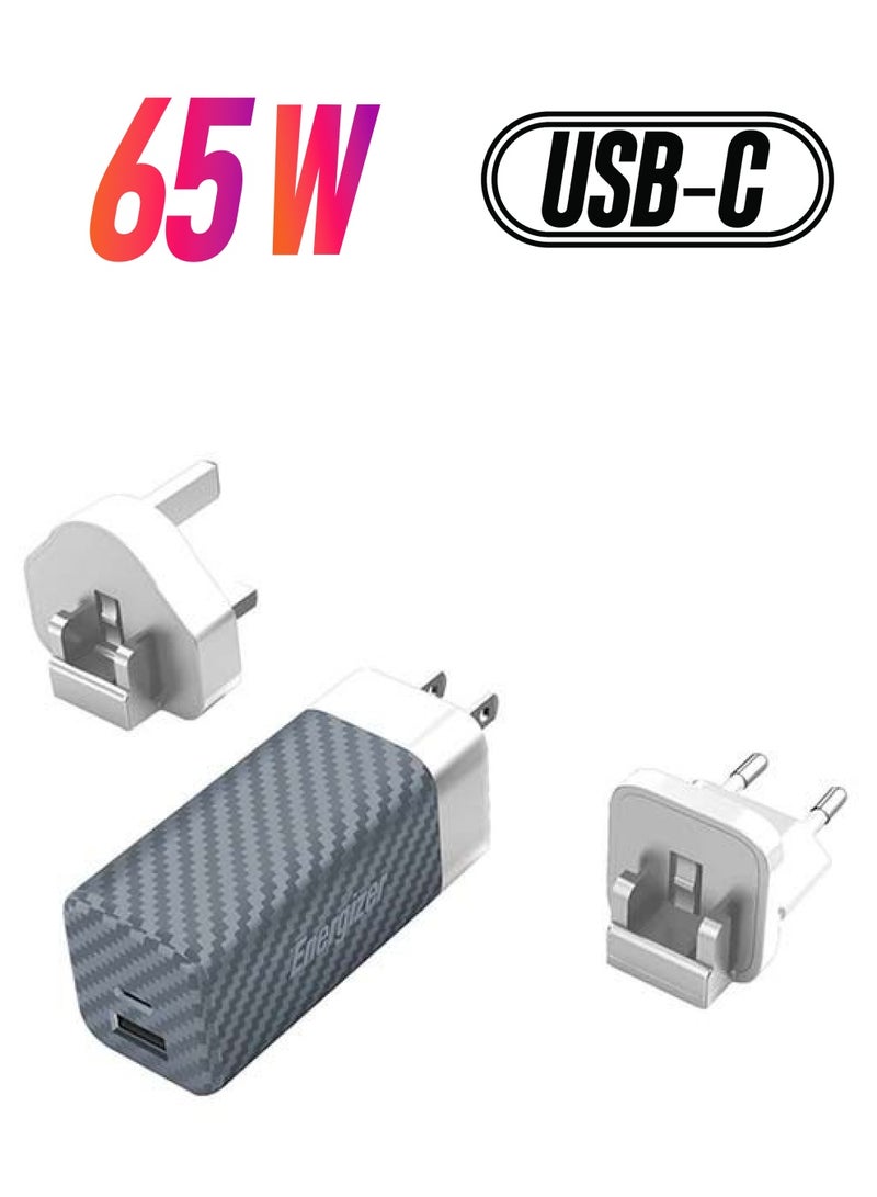 محول USB-C النهائي بقدرة 65 وات لأجهزة الكمبيوتر المحمولة وأجهزة الألعاب والأجهزة اللوحية والهواتف الذكية، توصيل الطاقة، منافذ USB-A من النوع C، مقابس متعددة، دبابيس الولايات المتحدة/المملكة المتحدة/الولايات المتحدة فضي