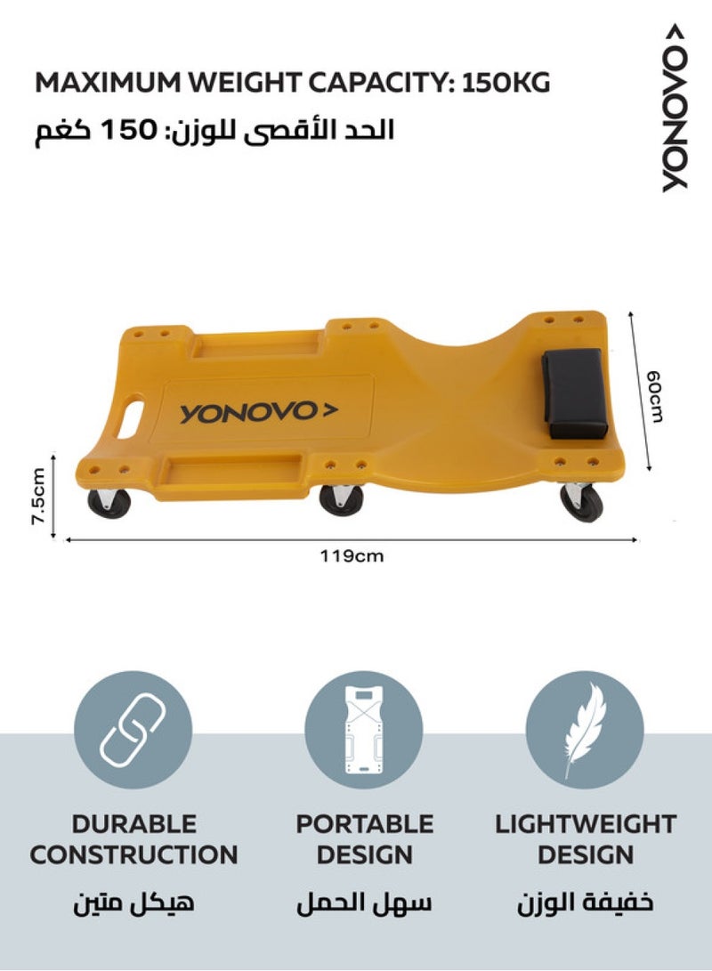 Yonovo Mechanic Plastic Car Creeper -40inch- Lightweight Ergonomic Creeper with Padded Headrest Dual Tool Trays and Noiseless Casters - for Under Car Repairs DIY Auto Maintenance and Garage Work - Image 2