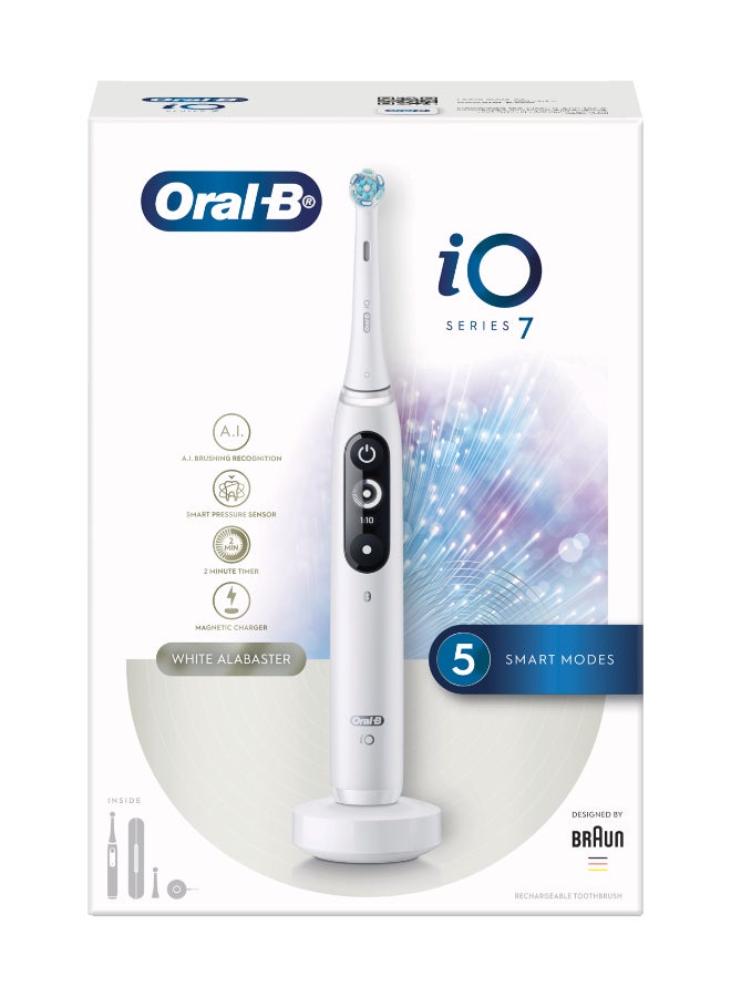 Oral-B iO Series 7 Rechargeable Electric Toothbrush Set, Removes 100% More Plaque in 1 Week, with Personalized Brushing Modes, Smart Pressure Sensor, 1 Set White - Image 1