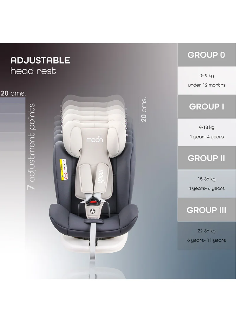 مون Gyro Car Seat – 360° Rotating Booster Seat with ISOFIX, Group 0+/1/2/3 (0m–12y, Up to 36kg), Rear And Forward Facing, Safety Travel Gear – Grey