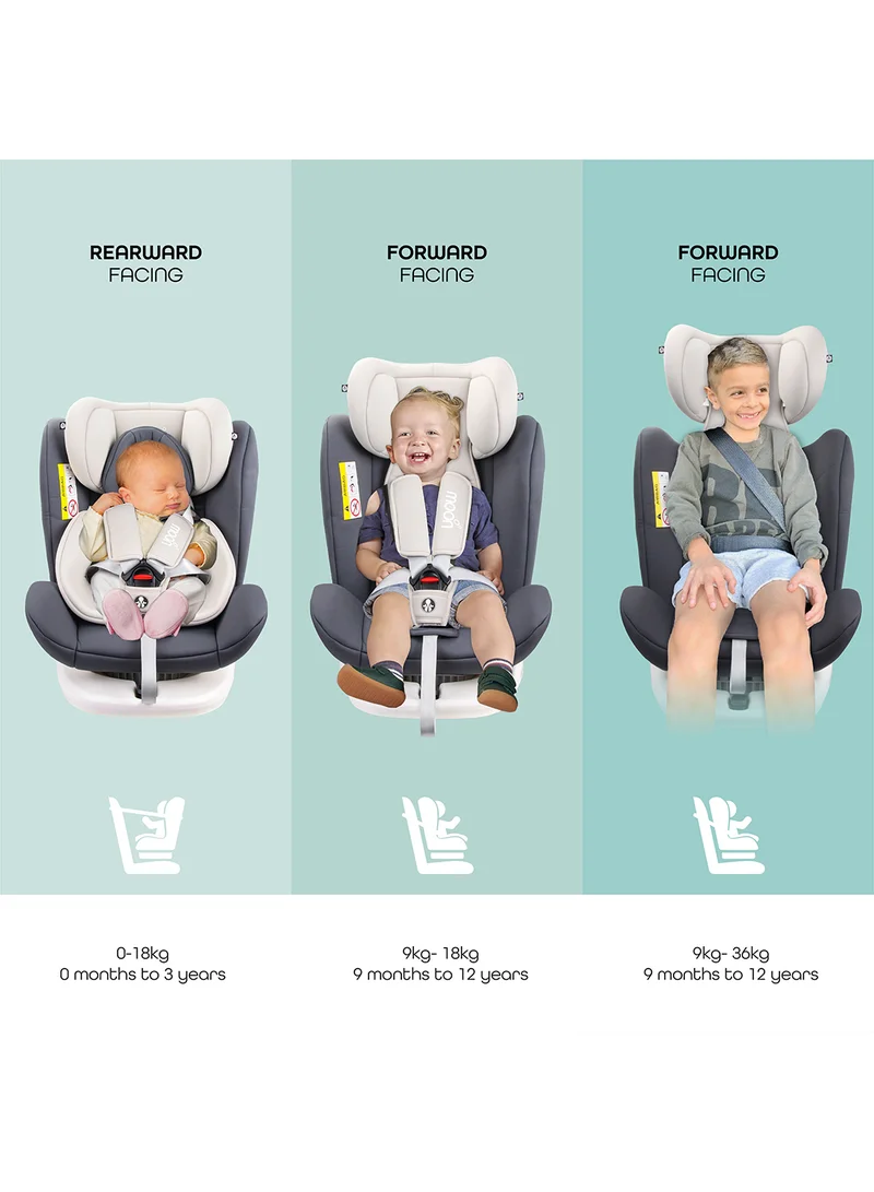 مون Gyro Car Seat – 360° Rotating Booster Seat with ISOFIX, Group 0+/1/2/3 (0m–12y, Up to 36kg), Rear And Forward Facing, Safety Travel Gear – Grey