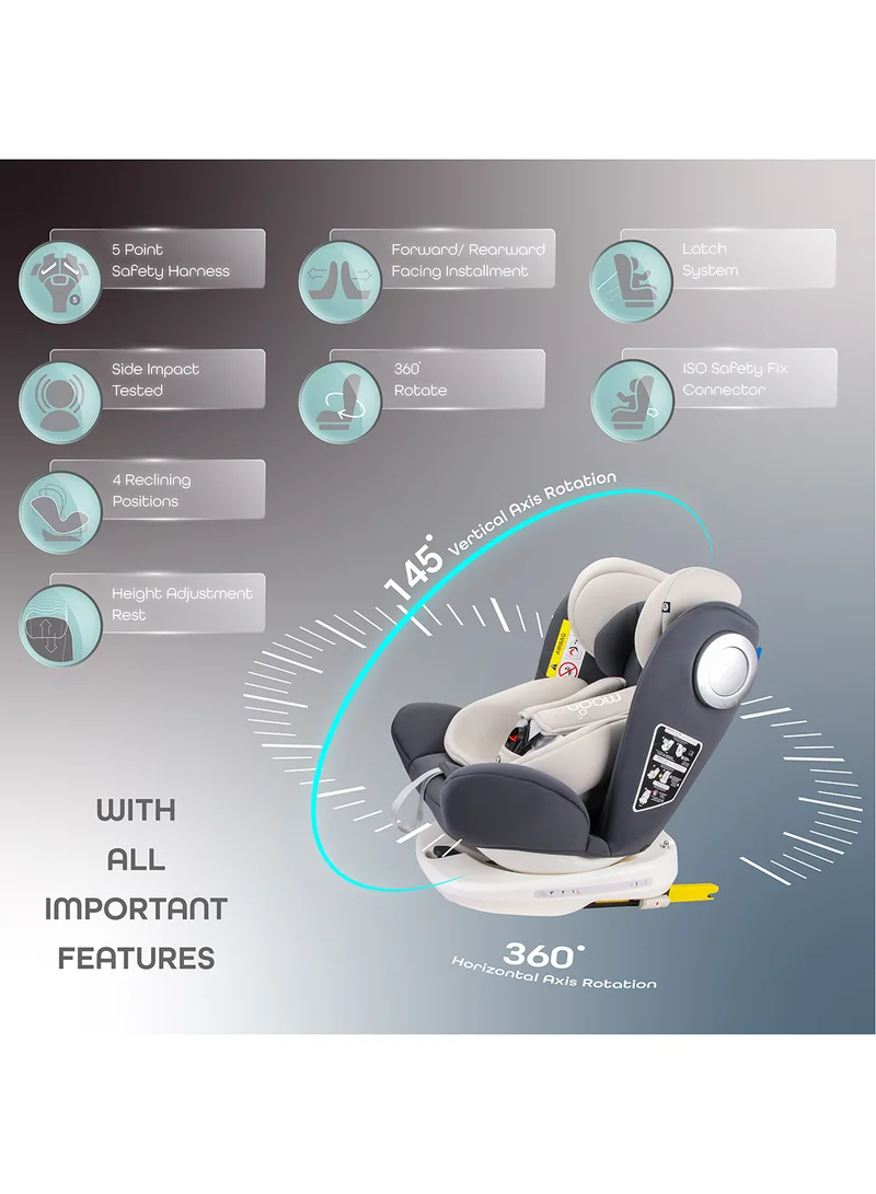 مون Gyro Car Seat – 360° Rotating Booster Seat with ISOFIX, Group 0+/1/2/3 (0m–12y, Up to 36kg), Rear And Forward Facing, Safety Travel Gear – Grey
