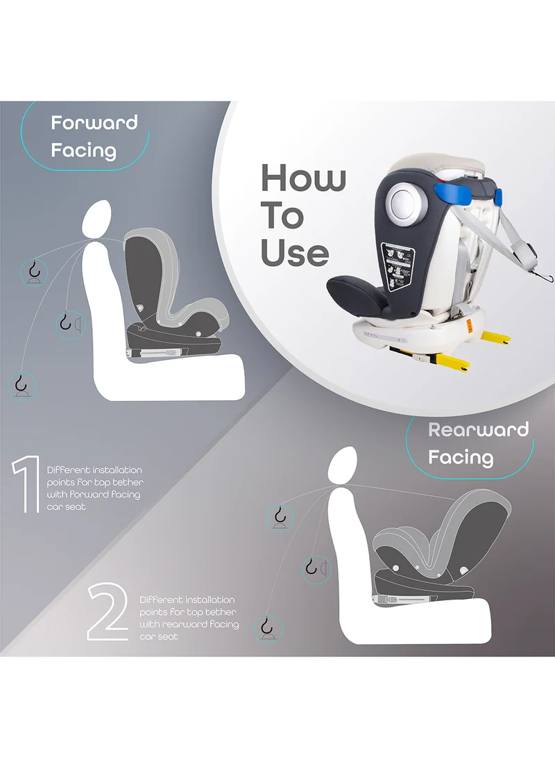 مون Gyro Car Seat – 360° Rotating Booster Seat with ISOFIX, Group 0+/1/2/3 (0m–12y, Up to 36kg), Rear And Forward Facing, Safety Travel Gear – Grey