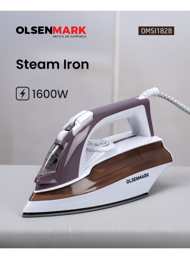 Olsenmark Steam Iron, Dry/Steam Adjustable Steam, Non Stick Coating Soleplate, 100ml Water Tank, Light Weight 100 ml 1600 W OMSI1828 Multicolour - Image 1