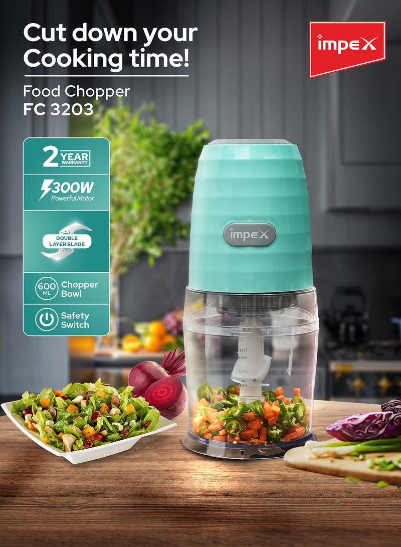 Impex - Electric Food Chopper 300W Mixer Grinder with Safety Switch Double Layered Stainless Steel Sharp Blade 0.6L Chopper Bowl, Unique Lattice Design, Safety Switch, Overheat Protection, and Easy-to-Clean Design, 220-240V, 50/60Hz 0.6 L 300 W FC 3203 Multicolor - Image 1