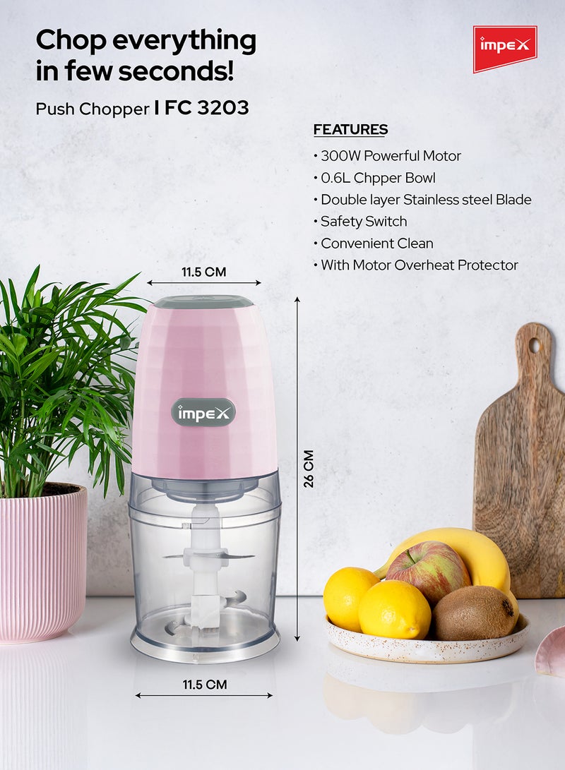 Impex - Electric Food Chopper 300W Mixer Grinder with Safety Switch Double Layered Stainless Steel Sharp Blade 0.6L Chopper Bowl, Unique Lattice Design, Safety Switch, Overheat Protection, and Easy-to-Clean Design, 220-240V, 50/60Hz 0.6 L 300 W FC 3203 Multicolor - Image 1