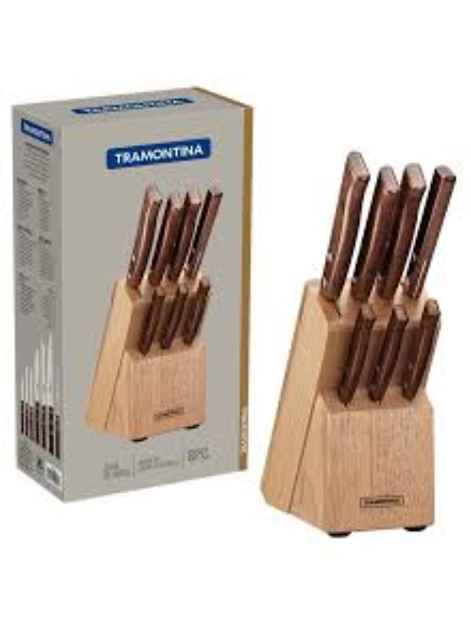 TRAMONTINA 8-Piece Stainless Steel Blade And Natural Tramontina Wood Handle Traditional Knife With Holder Set Silver-Brown  - Image 1