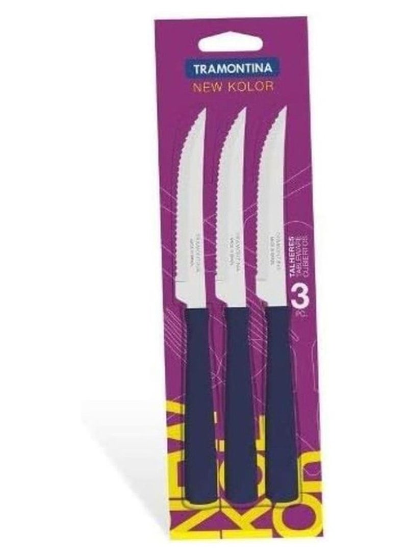 ترامونتينا طقم سكاكين نيو كولور لشرائح اللحم بنصل من الاستانلس ستيل ومقابض من 3 قطع أزرق