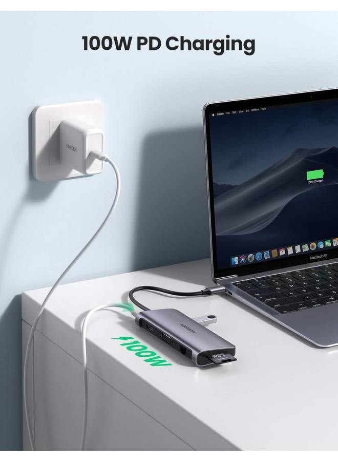 Ugreen - USB C Hub 9-in-1 Type C to 4K 60Hz HDMI Multiport Adapter Dock with VGA, Gigabit Ethernet, PD Charging, 3 USB 3.0 Ports SD Card Reader Grey - Image 1