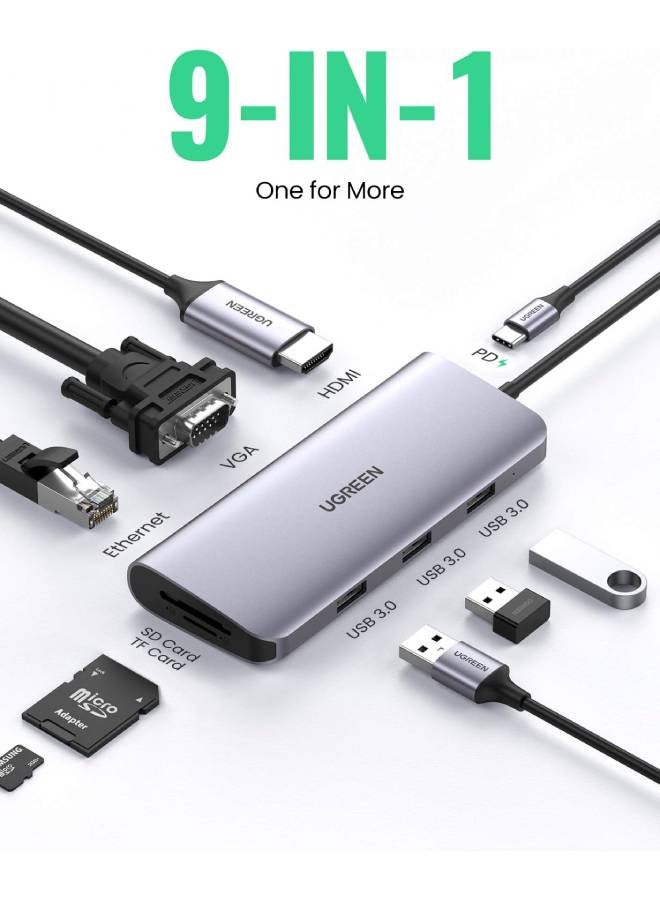Ugreen - USB C Hub 9-in-1 Type C to 4K 60Hz HDMI Multiport Adapter Dock with VGA, Gigabit Ethernet, PD Charging, 3 USB 3.0 Ports SD Card Reader Grey - Image 1