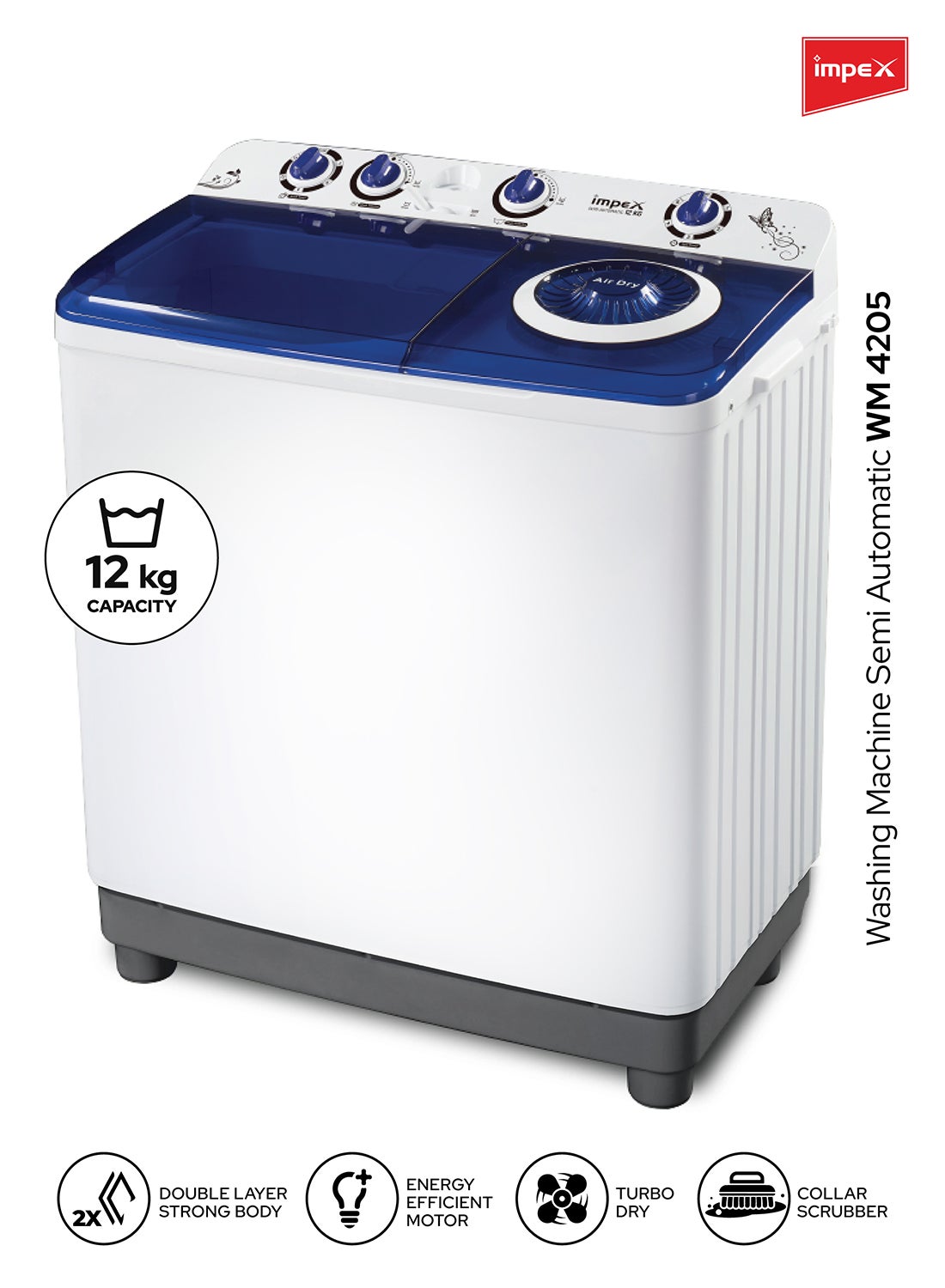 12 kg Capacity TWIN TRRB Washing Machine - 12KG Semi-Automatic Washing Machine Cloth Dress Cleaning, 420W Power, Spin 180W, Top Load, Energy-Efficient, 2 Years Warranty 12 kg 420 W WM 4205 Black/White/Grey