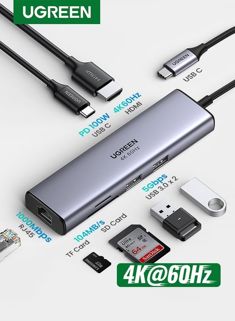 محول7 في 1 USB C متعدد المنافذ 4K@60Hz مع منفذين USB محطة إرساء USB-C مع 4K HDMI، قارئ بطاقة SD/TF، الطاقة تسليم الألومنيوم 100W USB-C، متوافق مع ماك بوك، أيفون 15، ايباد برو 2021،آيباد إير لون رمادي