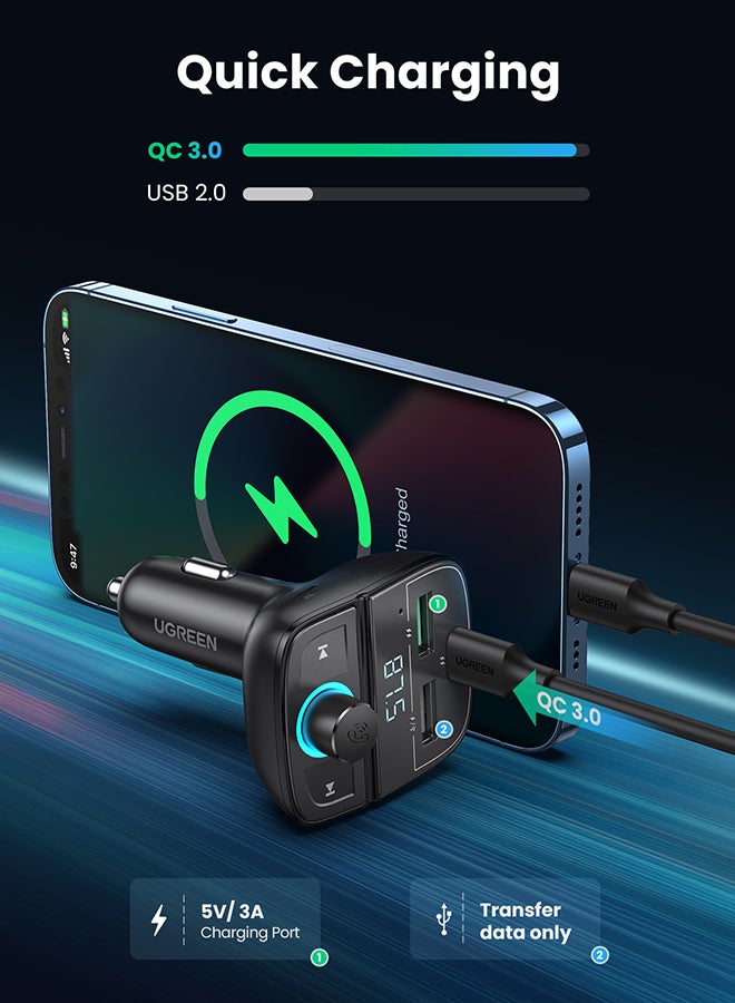 Ugreen - Bluetooth FM Transmitter USB Car Charger 31.5W QC PD Fast Charging Radio Adapter Car Kit Built-in Mic Support Hands-Free Calls LED Backlit TF Card Flash Drive Black - Image 1