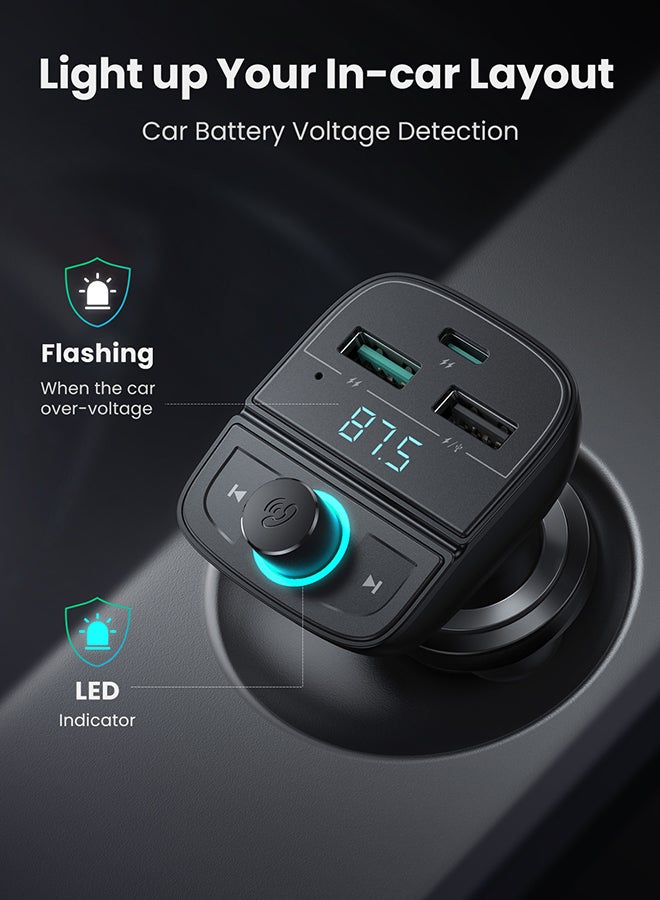 Ugreen - Bluetooth FM Transmitter USB Car Charger 31.5W QC PD Fast Charging Radio Adapter Car Kit Built-in Mic Support Hands-Free Calls LED Backlit TF Card Flash Drive Black - Image 1