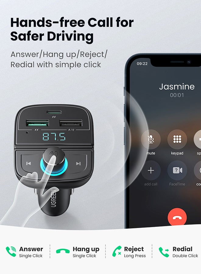 Ugreen - Bluetooth FM Transmitter USB Car Charger 31.5W QC PD Fast Charging Radio Adapter Car Kit Built-in Mic Support Hands-Free Calls LED Backlit TF Card Flash Drive Black - Image 1