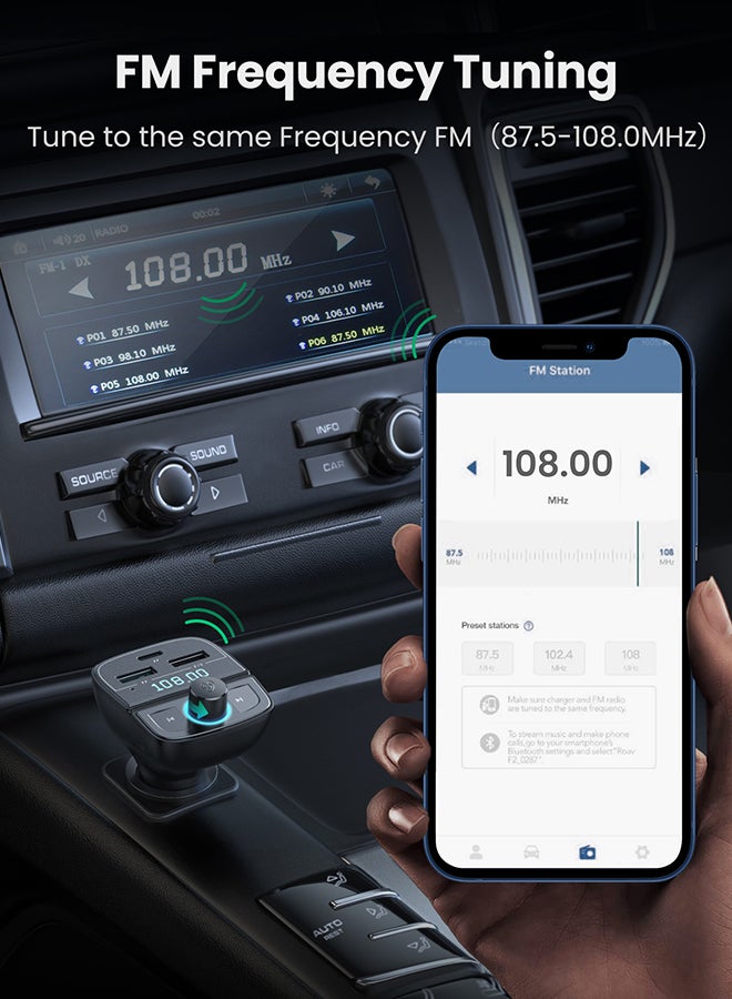 Ugreen - Bluetooth FM Transmitter USB Car Charger 31.5W QC PD Fast Charging Radio Adapter Car Kit Built-in Mic Support Hands-Free Calls LED Backlit TF Card Flash Drive Black - Image 1