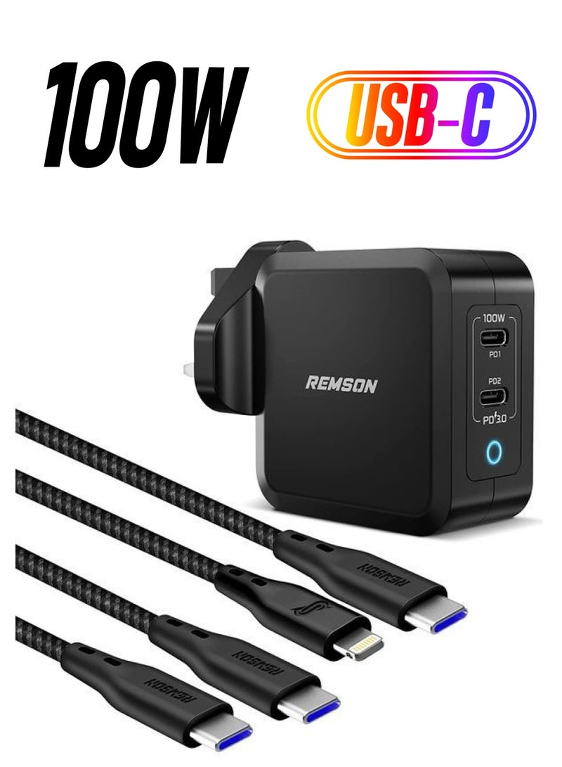 Remson Trio Pack Fast Charger 100W PD 3.0 GaN Tech Wall Charger with MFi USB-C to Lightning Cable and USB-C to USB-C Cable for MacBook Pro/Air/iPad/iPhone 13 Pro Max Black - Image 1
