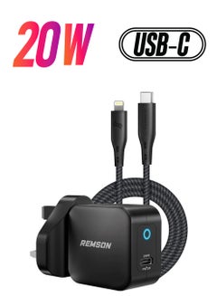 Remson Duo Pack 20W USB-C Power Adapter Fast Charger with MFI USB-C to Lightning Cable for Apple iPhone 13/12/11/X/SE Black  - Image 1