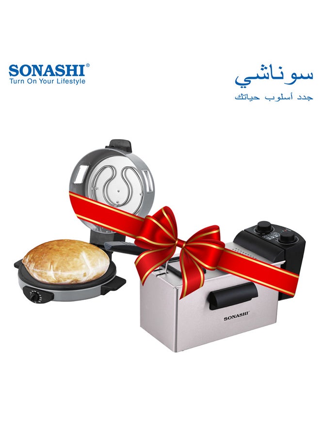 سوناشي - صانعة البيتزا والخبز العربي مع مقلاة عميقة 2 في 1 1800 W SABM-863/SDF-5011 فضي/أبيض - Image 1