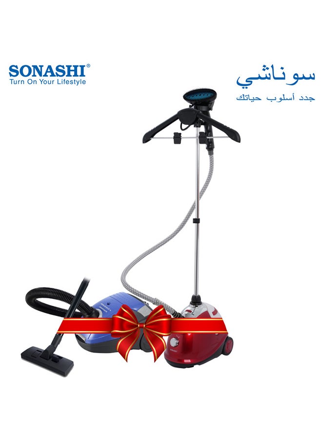 SONASHI Free Standing Garment Steamer With Suction Canister Vacuum Cleaner Bundle 1.8 L 1800 W SGS-311 + SVC-9024 Red/Blue  - Image 1