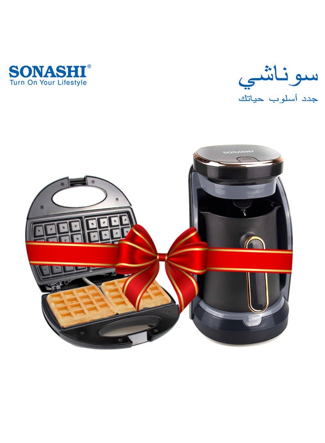 سوناشي - ماكينة صنع الوافل غير اللاصقة تتسع لشريحتين مع ماكينة تحضير القهوة التركية 750 W SWM-873/STCM-4962G أسود - Image 1