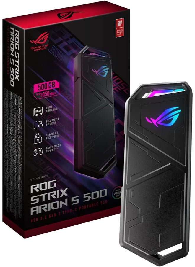 ASUS - ROG Strix Arion with Inbuilt 500 GB SSD S500 Portable - 500GB USB-C 3.2 Gen 2, NVMe a DRAM/large SLC cache for up to 1050 MB/s transfers, 256-bit AES disk and data encryption - Image 1