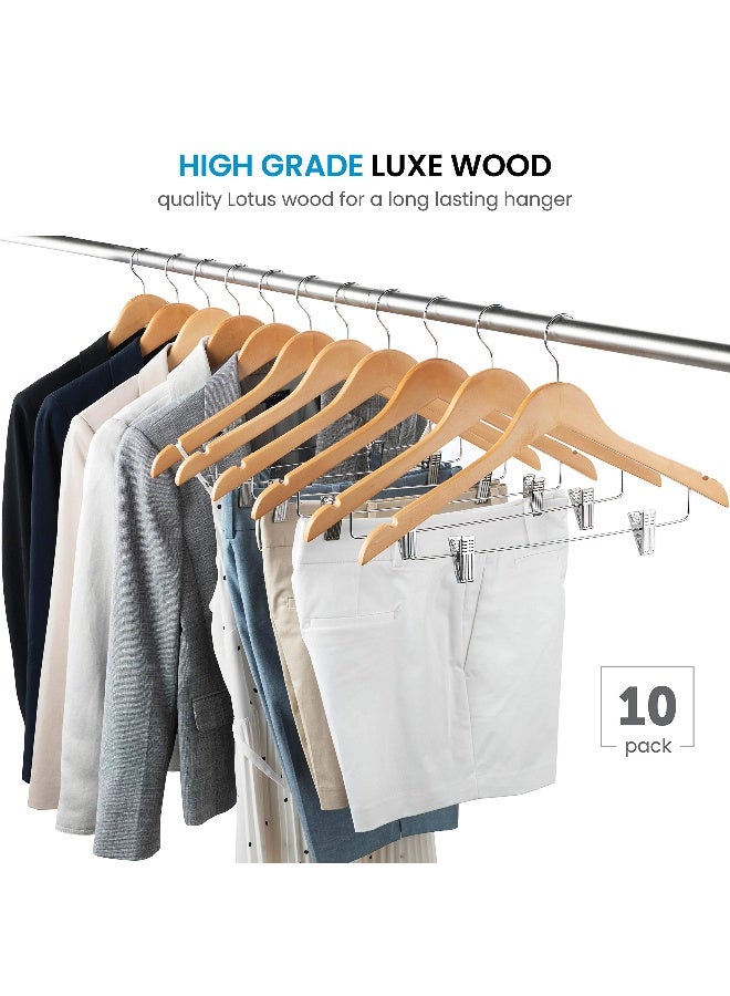 ZOBER - High-Grade Wooden Suit Hangers Skirt Hangers Smooth Solid Wood Pants Hangers With Durable Adjustable Metal Clips, 360° Swivel Hook, Shoulder Notches For Dress Coat, Jacket, Blouse (Natural, 10 Pack) Gold 44.5x25.4x1.27cm - Image 1