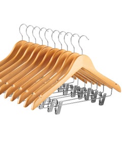 High-Grade Wooden Suit Hangers Skirt Hangers Smooth Solid Wood Pants Hangers With Durable Adjustable Metal Clips, 360° Swivel Hook, Shoulder Notches For Dress Coat, Jacket, Blouse (Natural, 10 Pack) Gold 44.5x25.4x1.27cm