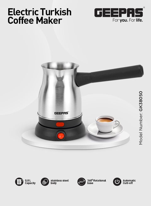 Electric Turkish Coffee Maker 0.8L Capacity, Stainless Steel | 360-Degree Rotation | Non-Automatic Cut Off | Coffee Kettle for Home Office 800 ml 800 W GK38050 Silver/Black