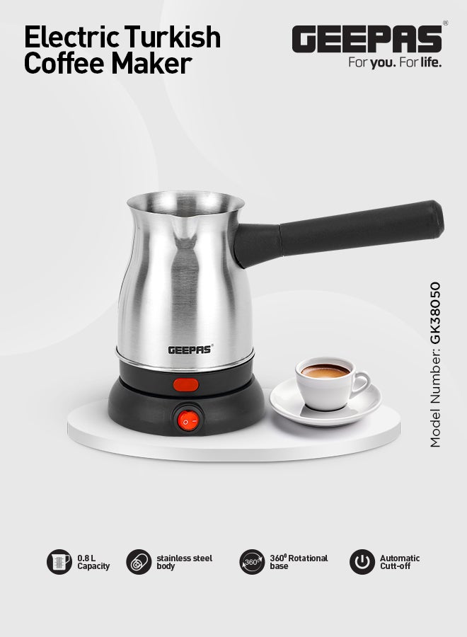 GEEPAS Electric Turkish Coffee Maker 0.8L Capacity, Stainless Steel | 360-Degree Rotation | Non-Automatic Cut Off | Coffee Kettle for Home Office 800 W GK38050 Silver/Black  - Image 1