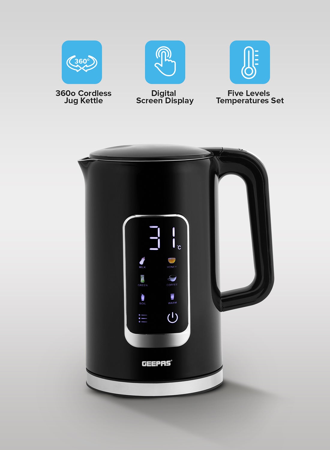 1.7L Digital Display Kettle Dry Boiling Protecction /Quick Boil Water, Tea and Coffee Maker-2200 Watts/ 5 Temperature Settings, 360 Cordless Design, Dual Wall Construction with Digital Screen Display/ Keep Warm Feature, Large Easy Fill Flip Lid 2 Years Warranty 1.7 L 2200 W GK38052 Black 