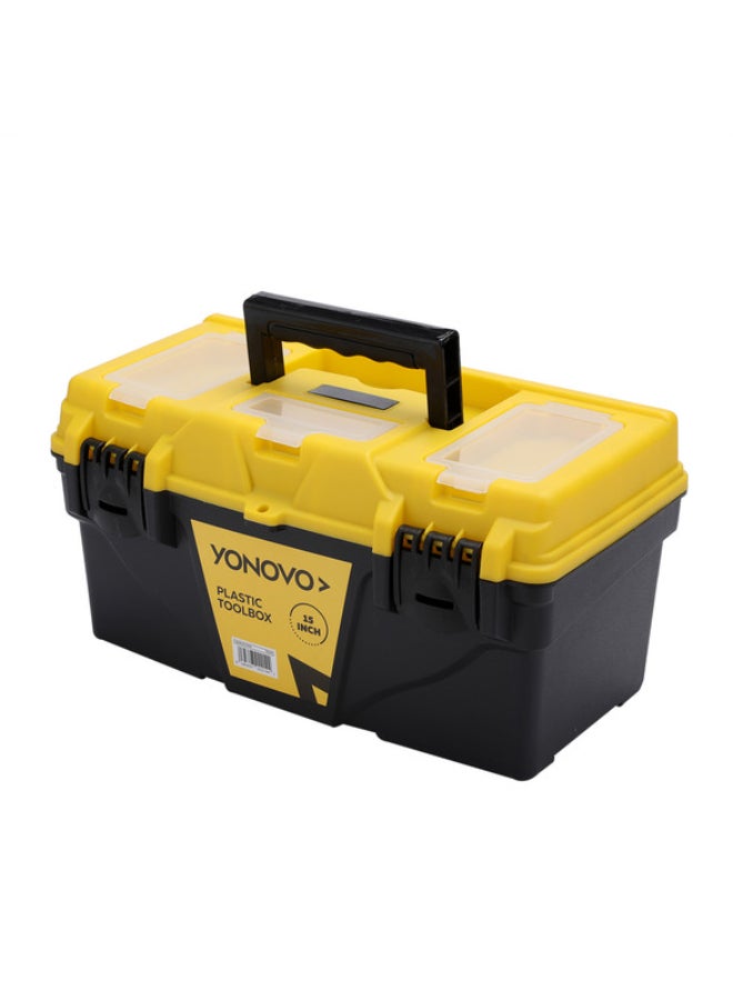 Yonovo Plastic Toolbox - Durable Storage Box with Secure Latching Lids, Heat-Resistant, Comfortable Handle, Detachable Tray - Ideal for Tools, Home, Garage, Workshop, and DIY Projects Black/Yellow 15inch - Image 1