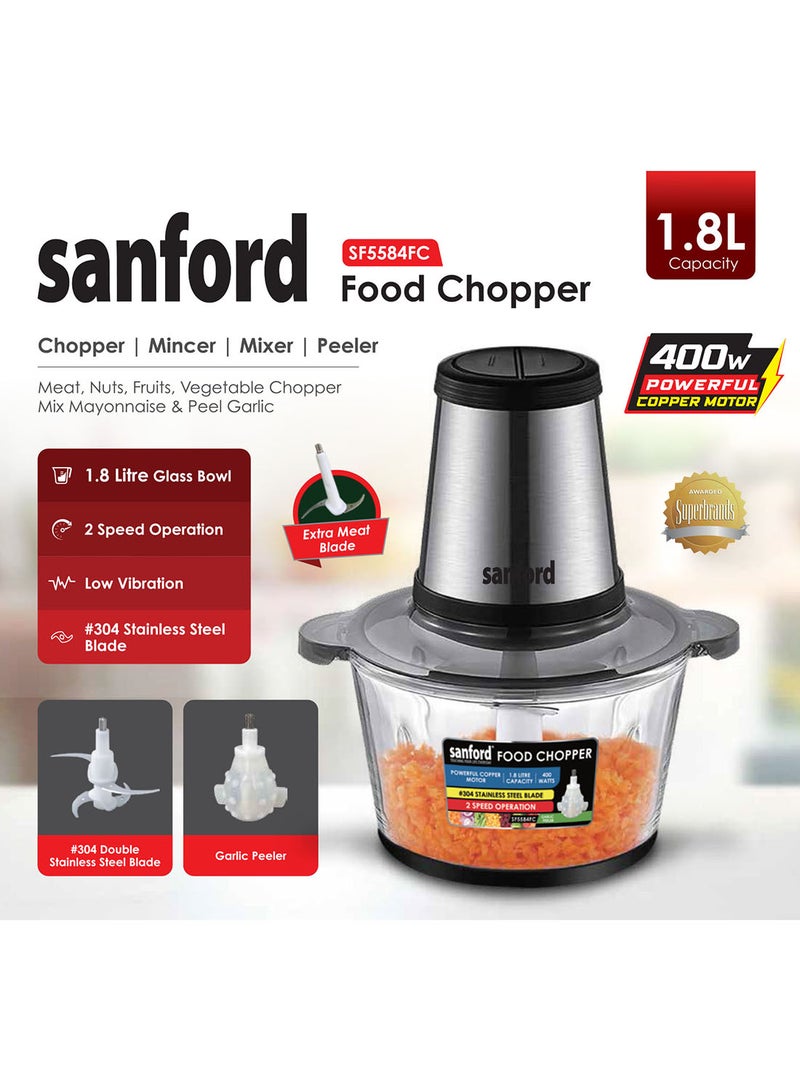Sanford - Multifunctional Food Chopper for Vegetable Meat Mincing Garlic Peeler 1.8 L 400 W SF5584FC BS Grey - Image 1