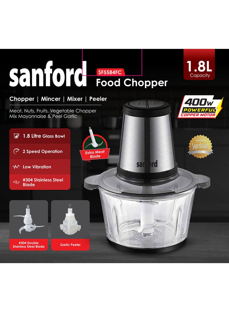 Sanford - Multifunctional Food Chopper for Vegetable Meat Mincing Garlic Peeler 1.8 L 400 W SF5584FC BS Grey - Image 1