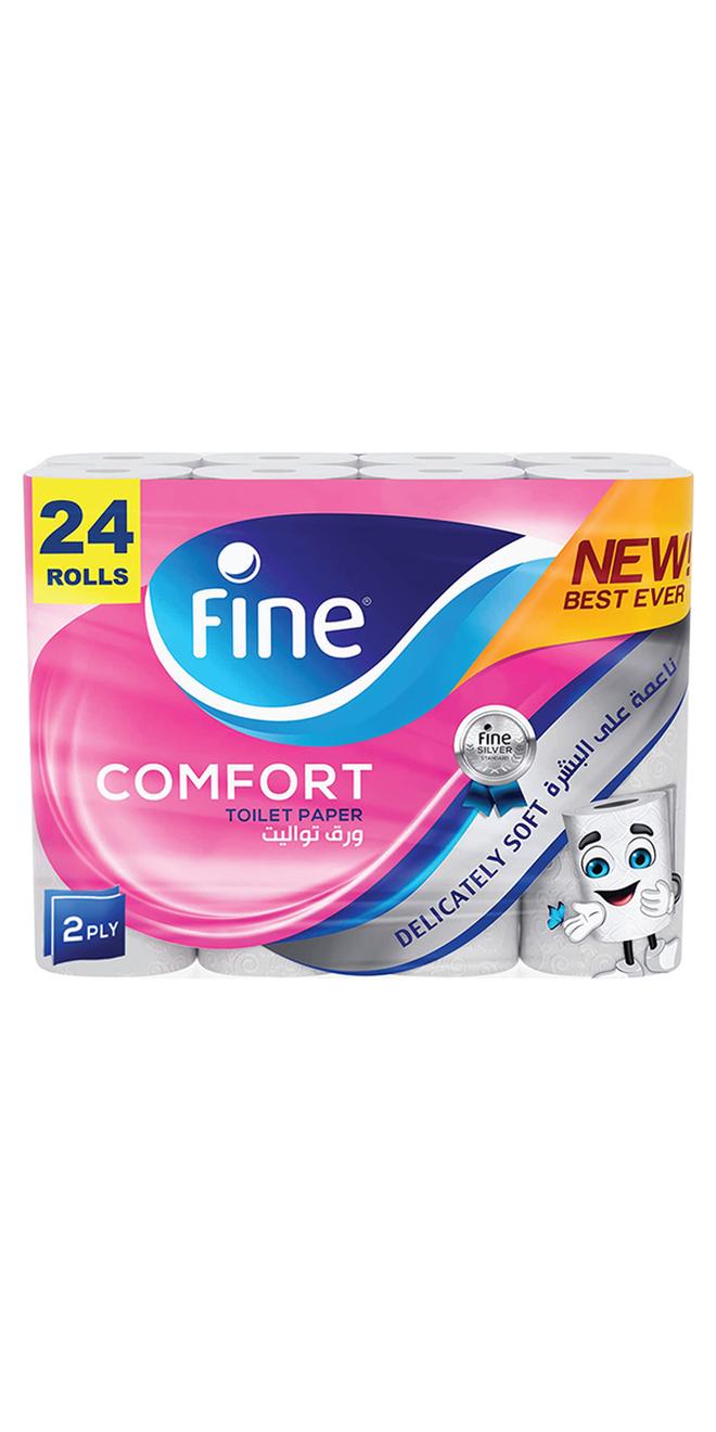 فاين مجموعة لفافات مناديل كمفورت الورقية للمرحاض من طبقتين ومعقمة للحماية من الجراثيم تحتوي على 180 منديلاً باللفافة الواحدة، مكونة من 24 لفافة أبيض - Image 1
